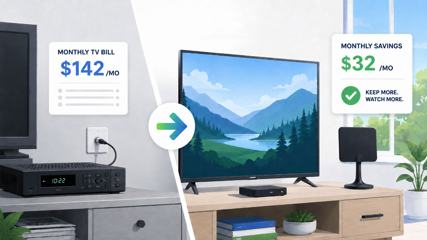 Side-by-side illustration showing a traditional cable setup compared with a simpler streaming and antenna setup.