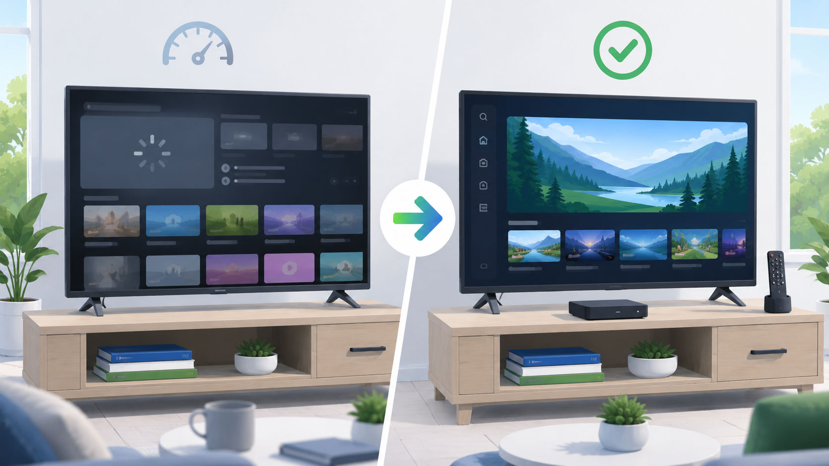 Illustration comparing a slow built-in Smart TV interface with a faster streaming device setup.