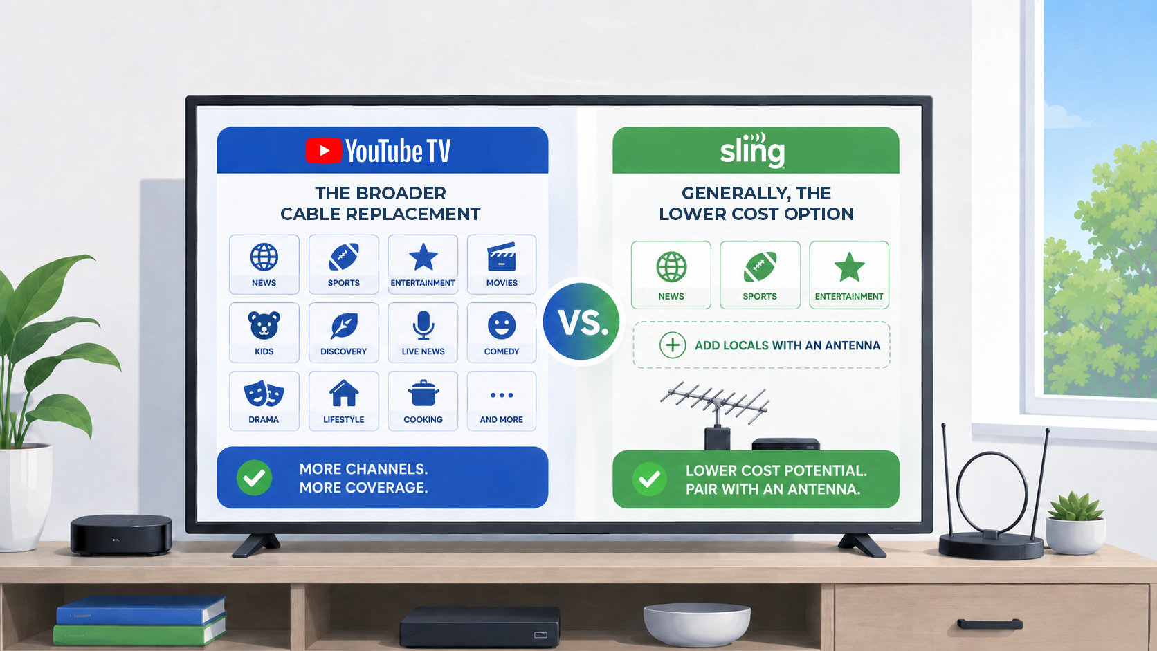 Comparison graphic showing YouTube TV as a broader cable replacement and Sling TV as a lower-cost option that can be paired with an antenna.